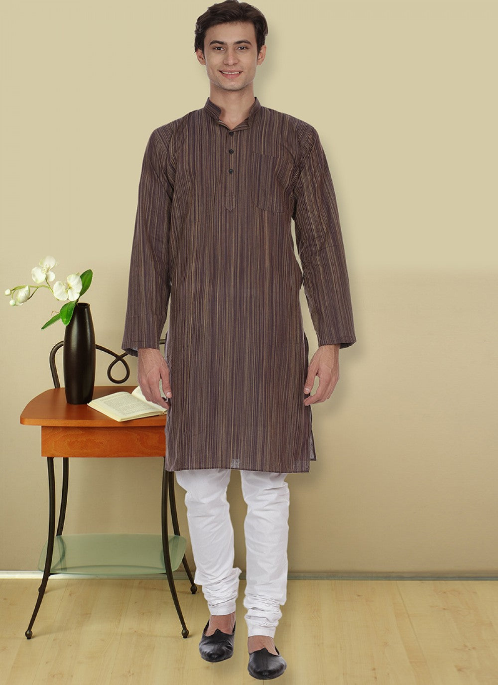 Plain Chanderi Cotton Grey Kurta Pyjama - M1110