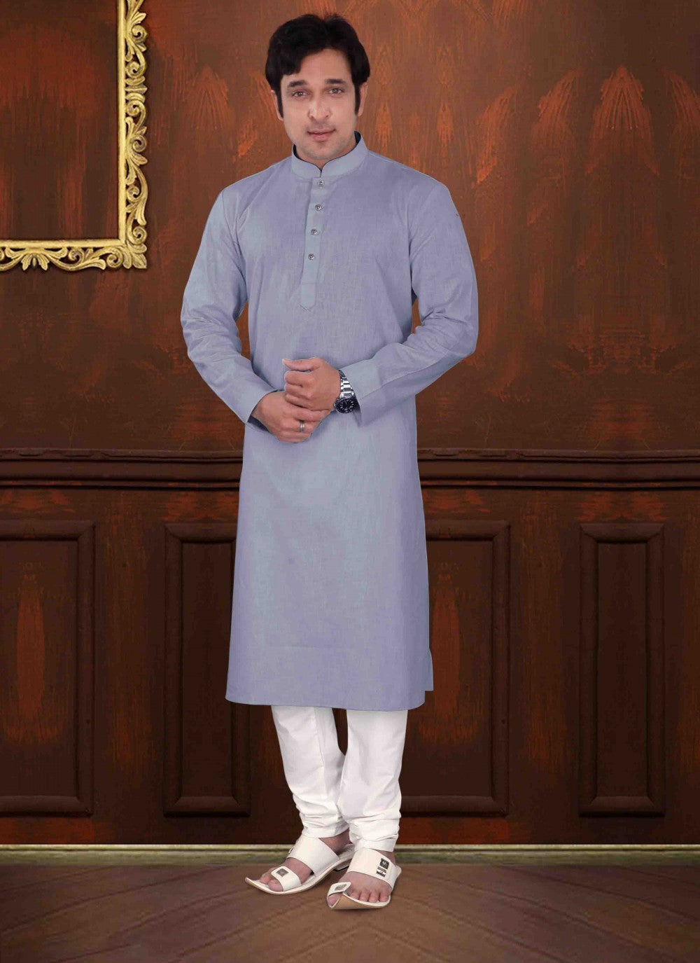 Plain Cotton Grey Kurta Pyjama - M1566