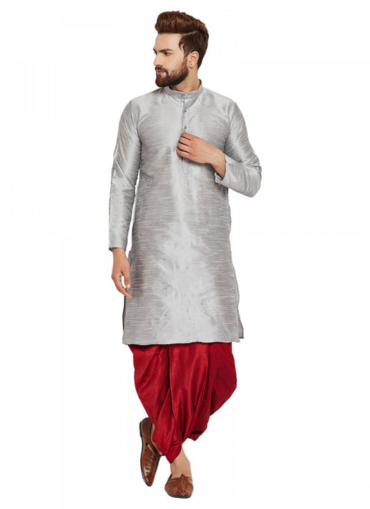 Plain Art Dupion Silk Grey Dhoti Kurta - M1141