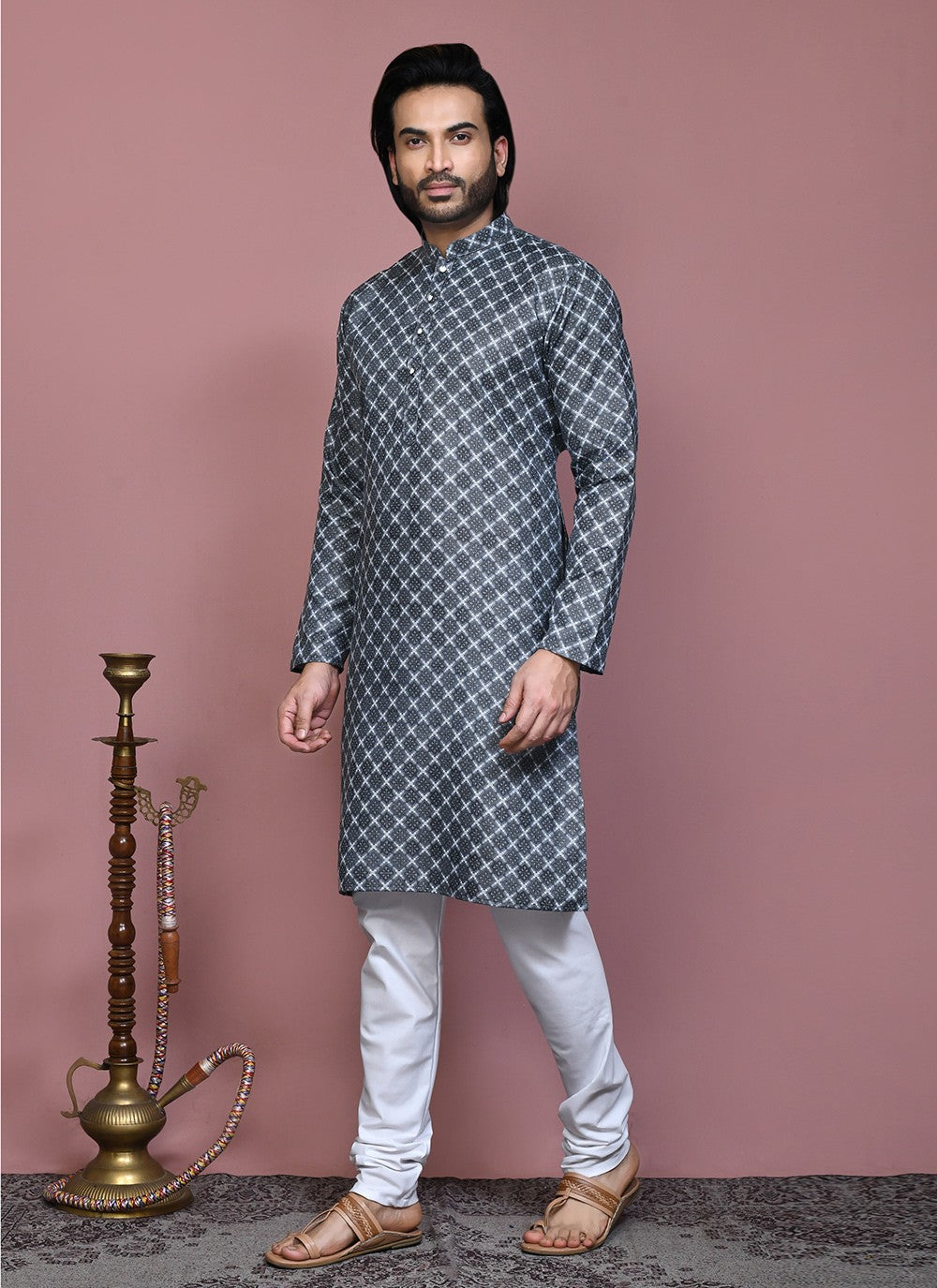 Printed Cotton Grey Kurta Pyjama - M7928