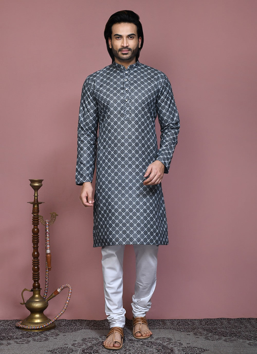 Printed Cotton Grey Kurta Pyjama - M7928