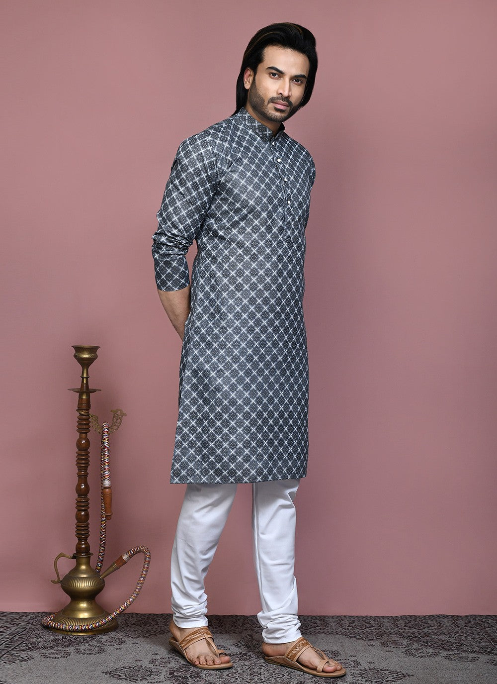 Printed Cotton Grey Kurta Pyjama - M7928