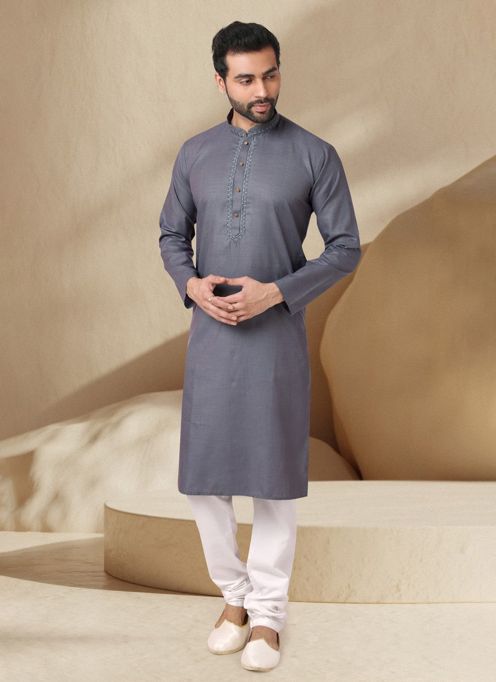 Embroidered Cotton , Rayon Grey Kurta Pyjama - M7008