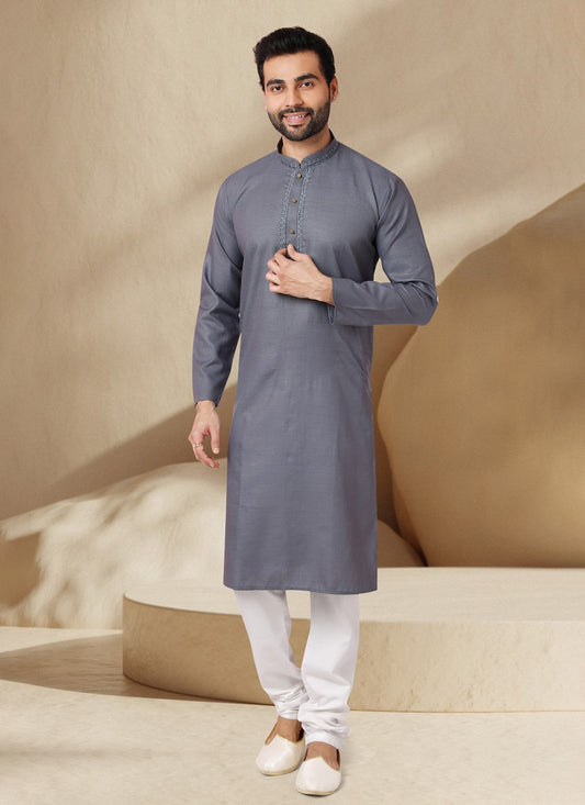 Embroidered Cotton , Rayon Grey Kurta Pyjama - M7008