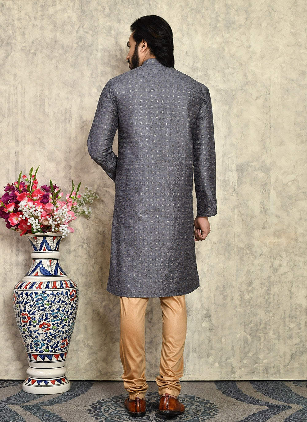 Fancy Work Art Silk Grey Kurta Pyjama - M7949