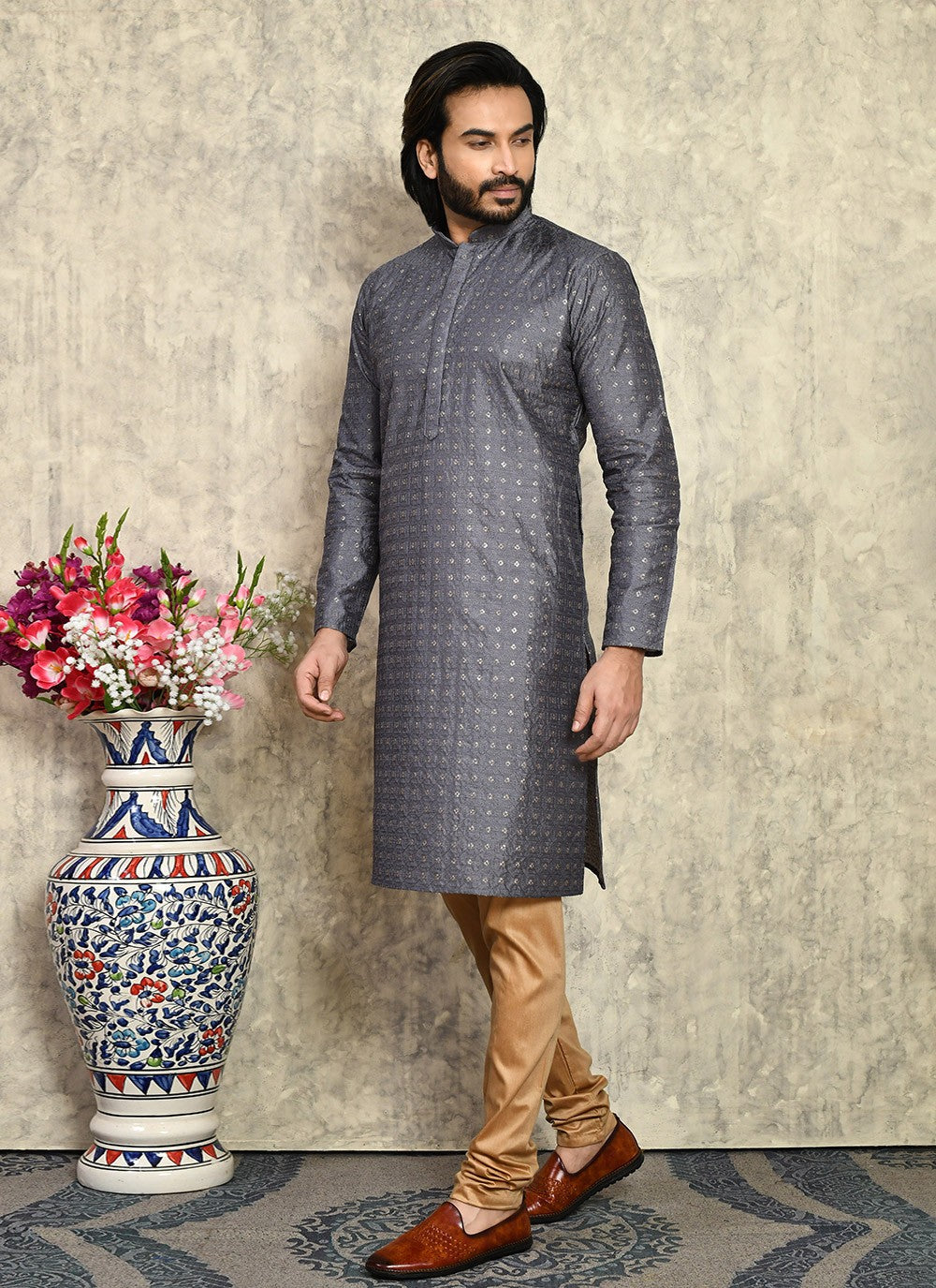 Fancy Work Art Silk Grey Kurta Pyjama - M7949