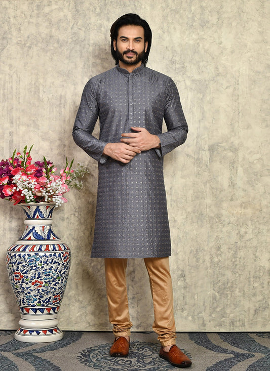 Fancy Work Art Silk Grey Kurta Pyjama - M7949