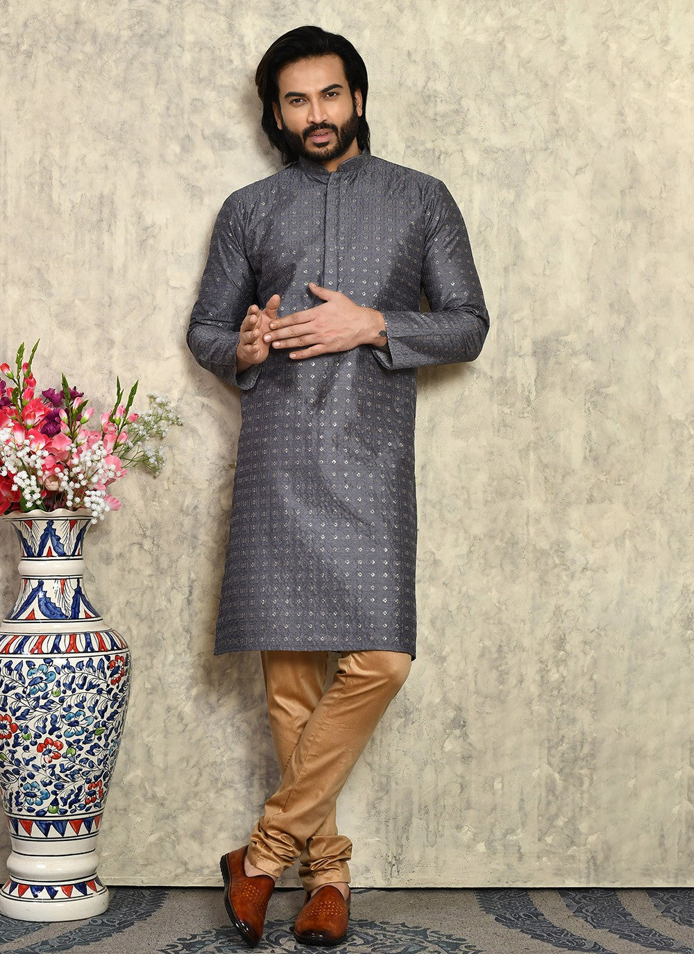 Fancy Work Art Silk Grey Kurta Pyjama - M7949