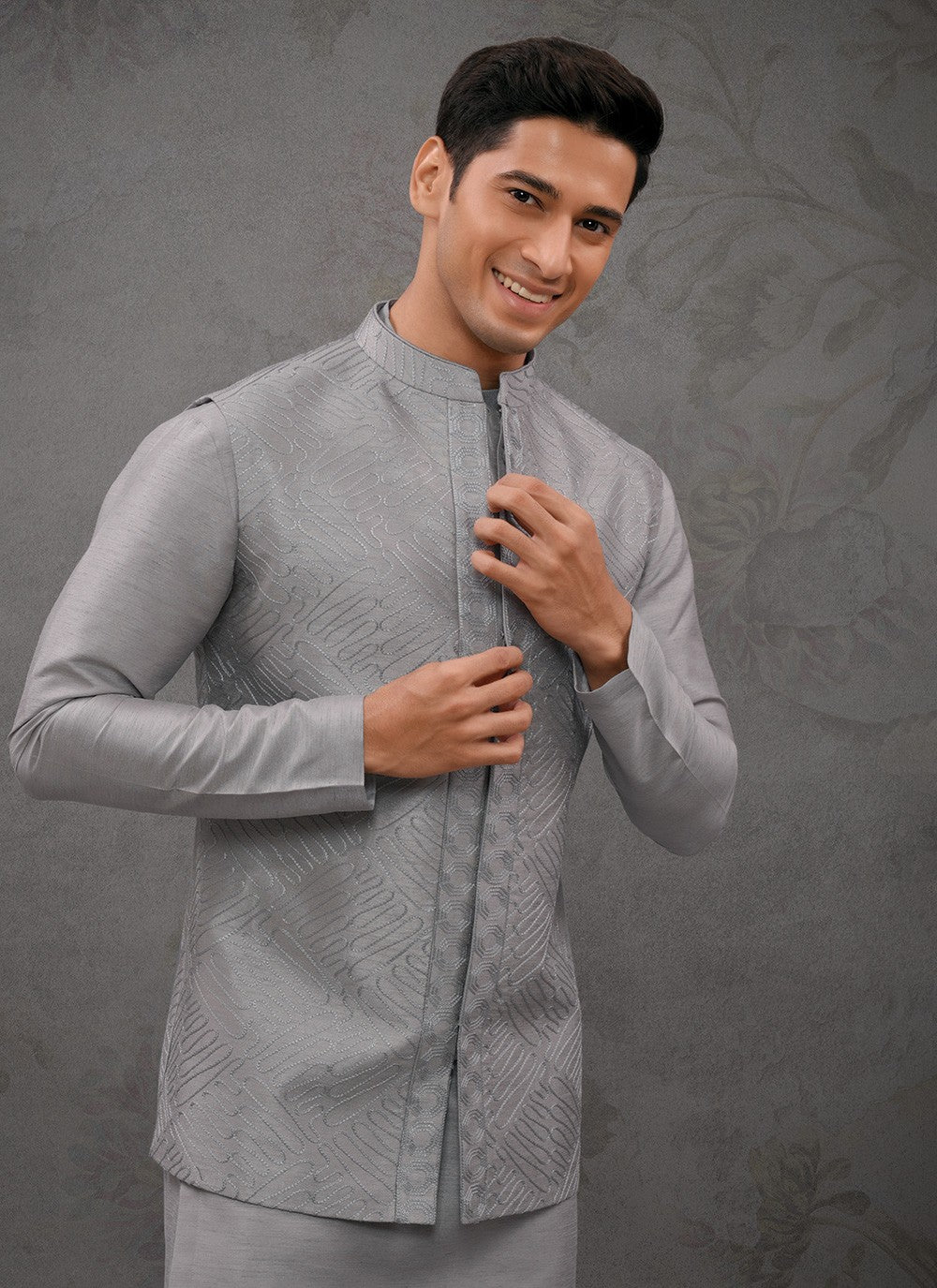 Embroidered Silk Grey Kurta Payjama With Jacket - M8466