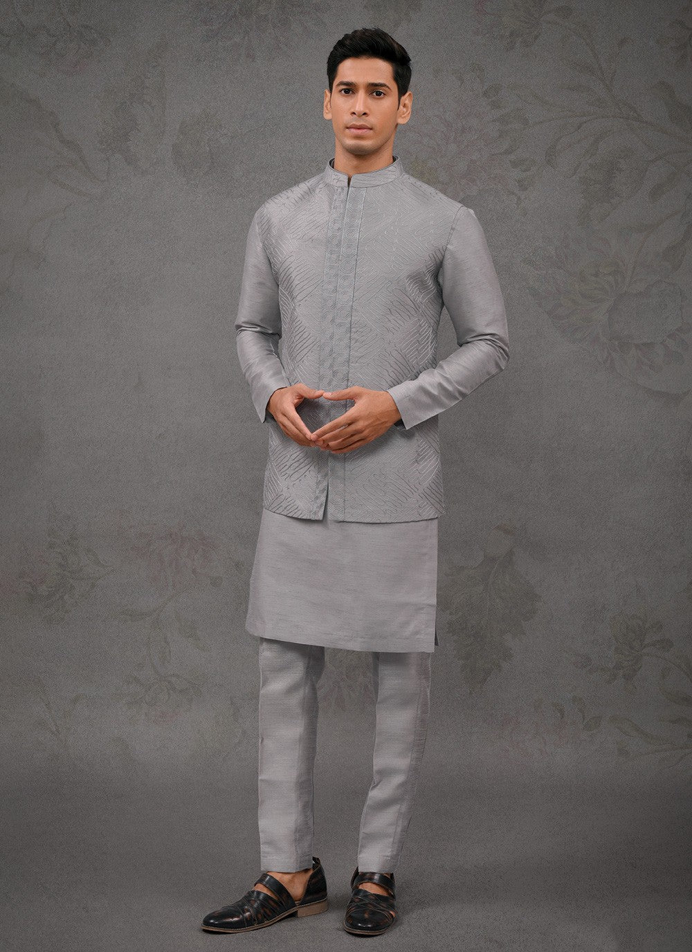 Embroidered Silk Grey Kurta Payjama With Jacket - M8466