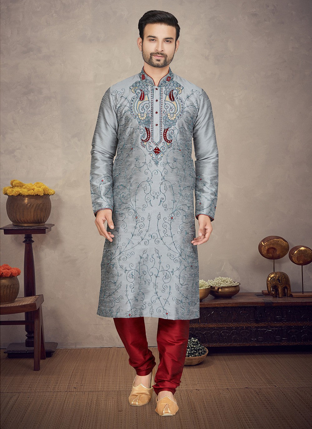 Embroidered Art Silk Grey Kurta Pyjama - M5872