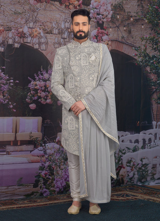 Embroidered Banarasi Silk Grey Sherwani - M3303