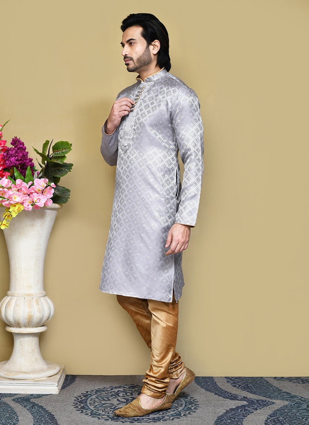 Resham Art Silk Grey Kurta Pyjama - M7863