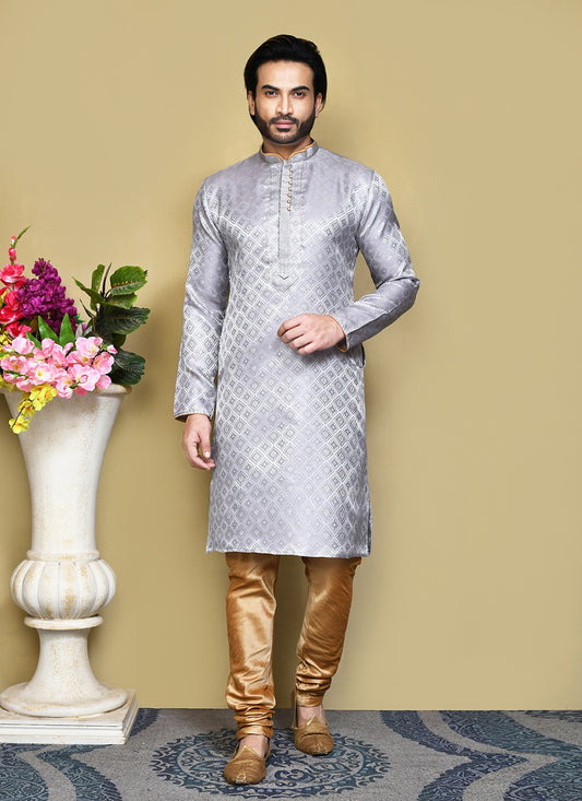 Resham Art Silk Grey Kurta Pyjama - M7863