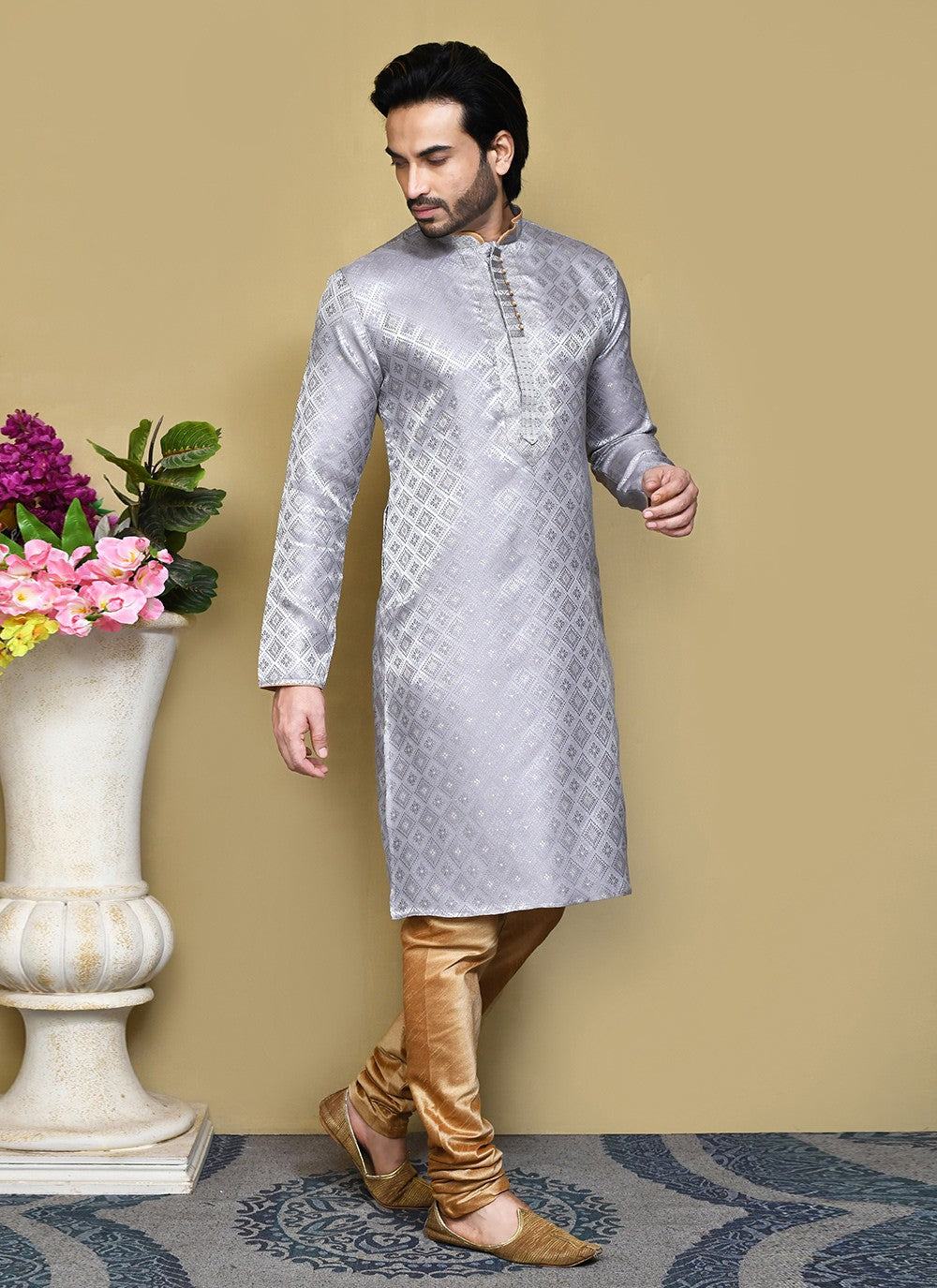 Resham Art Silk Grey Kurta Pyjama - M7863