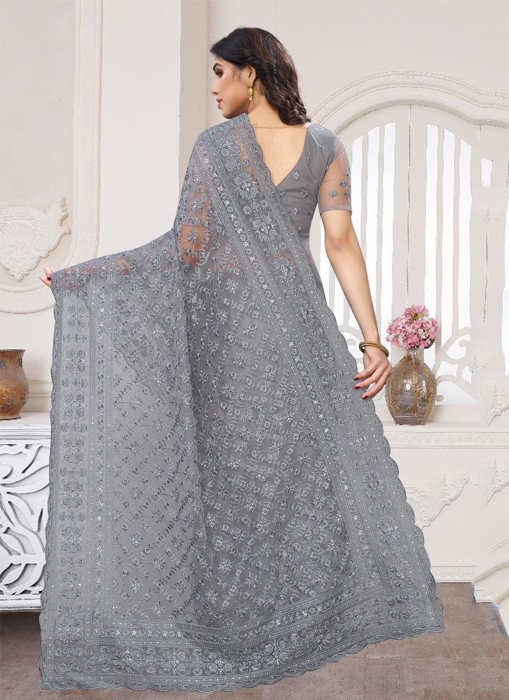 Designer Embroidered Net Saree - S0325