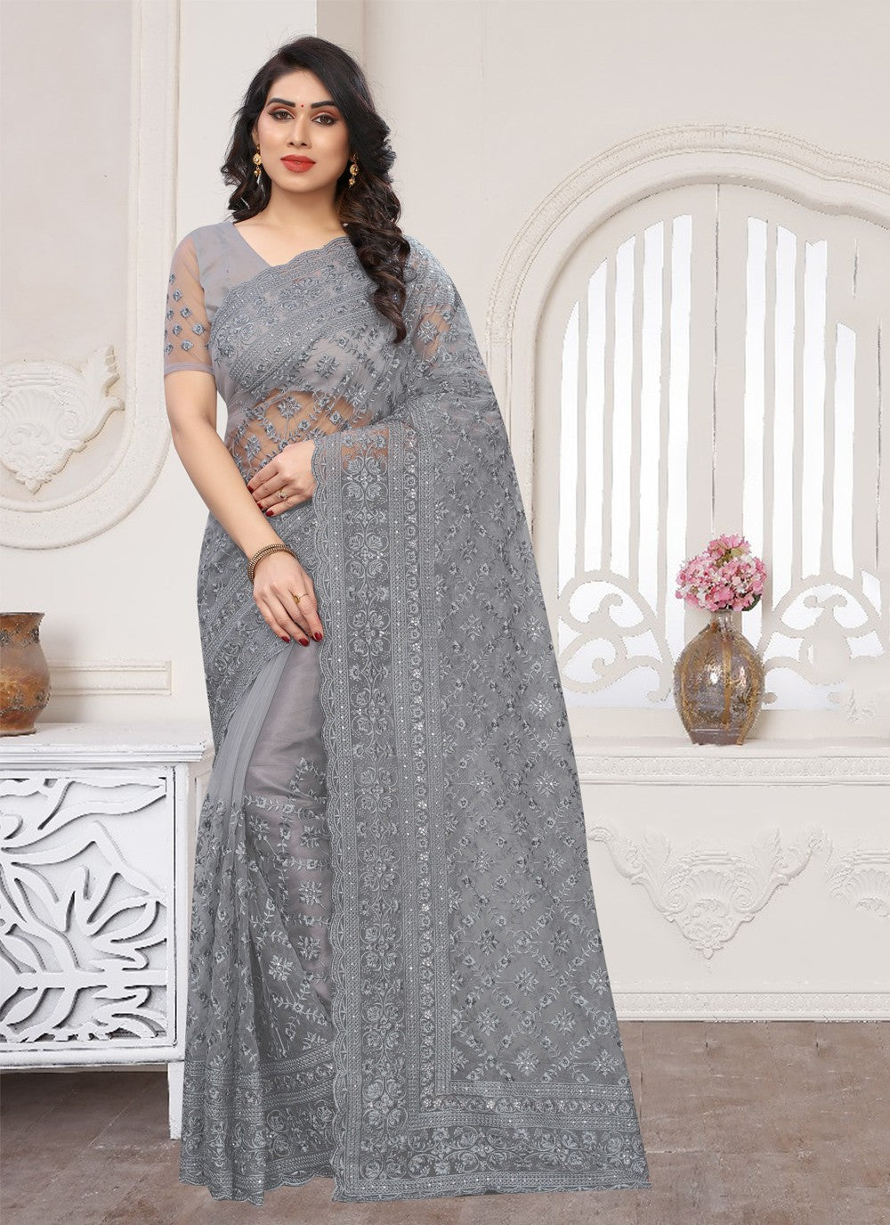 Designer Embroidered Net Saree - S0325