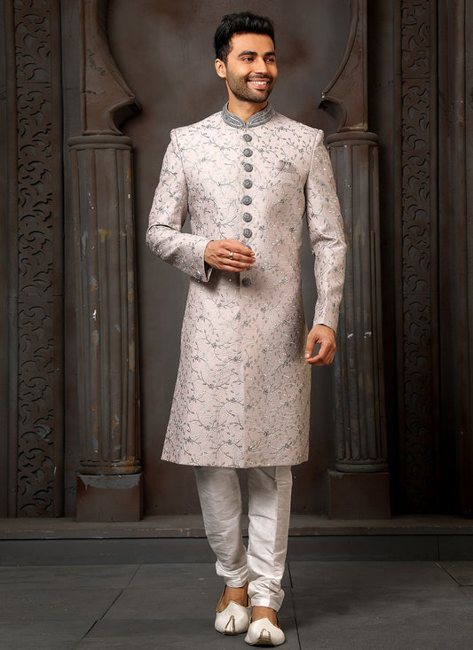 Machine Embroidery Art Silk Grey Sherwani - M4118