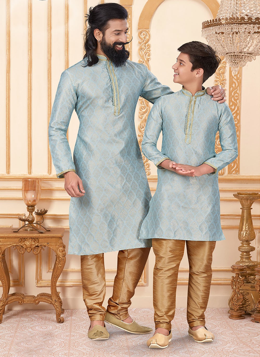 Woven Dupion Silk Grey Kurta Pyjama - M1913