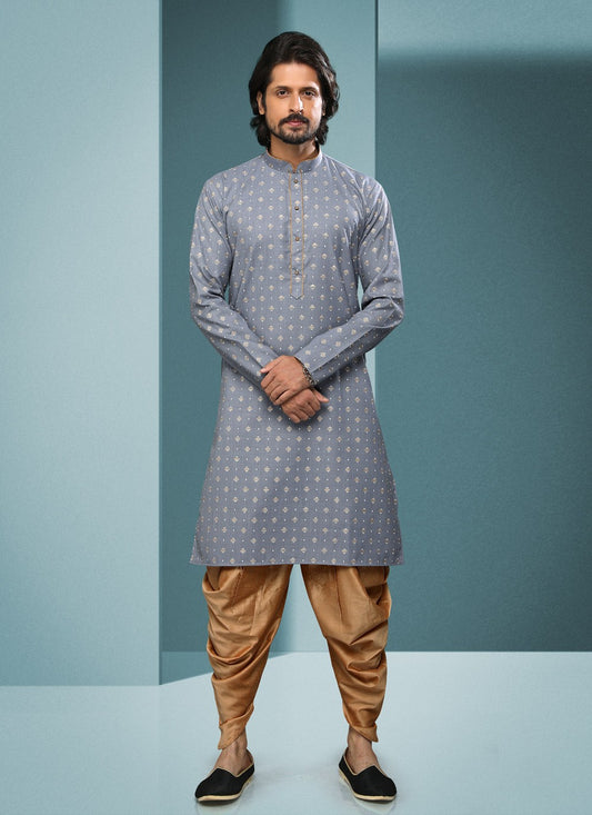 Digital Print Handloom Cotton Grey Dhoti Kurta - M4065