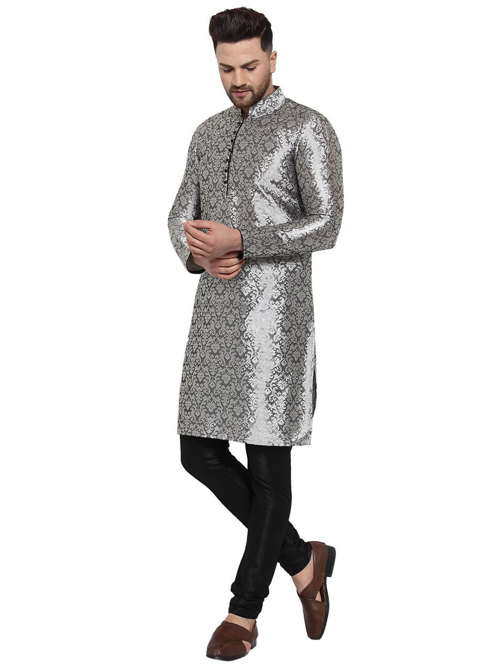 Patch Banarasi Silk Grey Kurta Pyjama - M1615