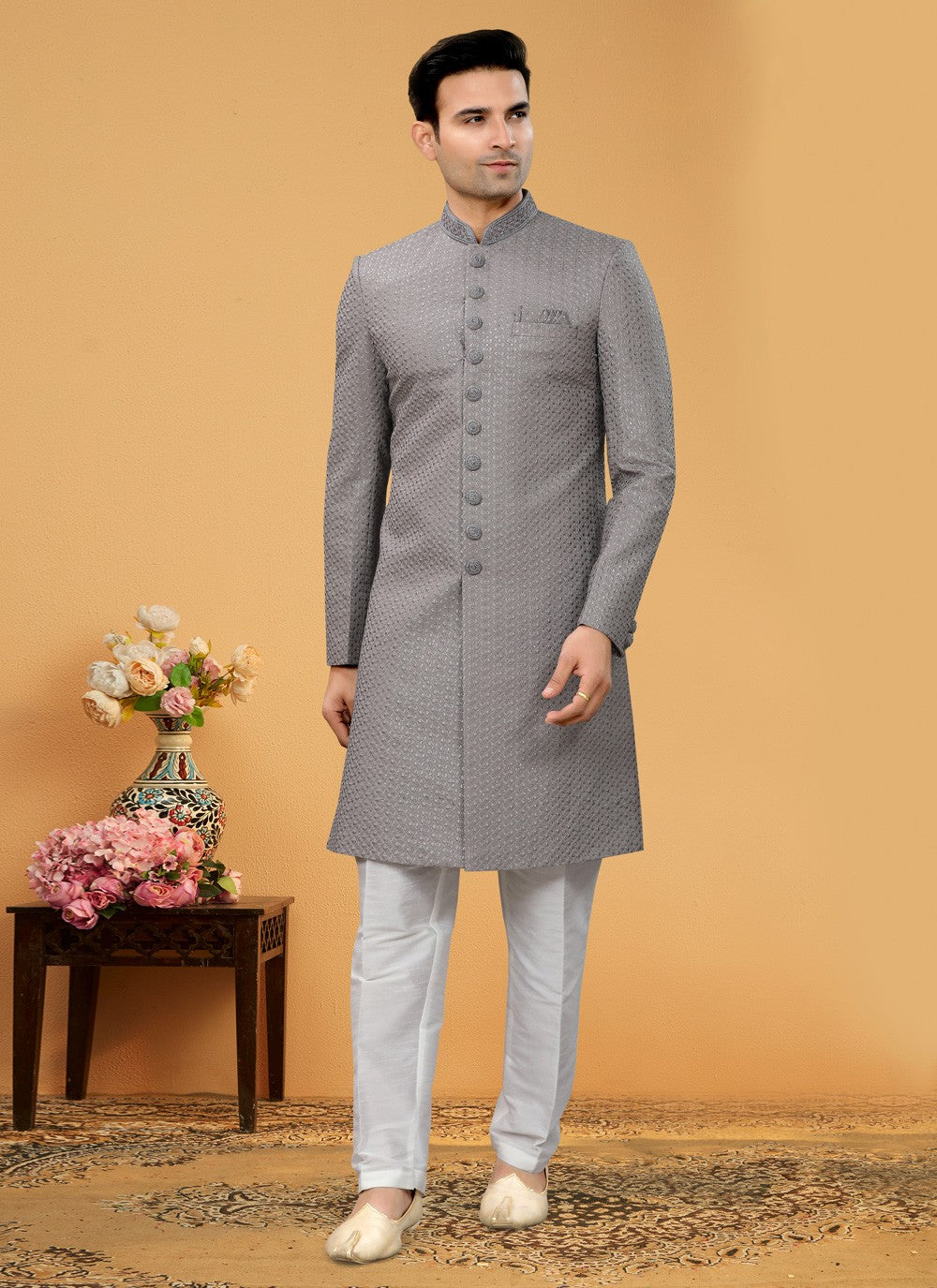 Hand Embroidery Fancy Fabric Grey Indo Western Sherwani - M5105