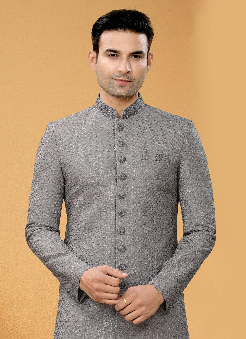 Hand Embroidery Fancy Fabric Grey Indo Western Sherwani - M5105