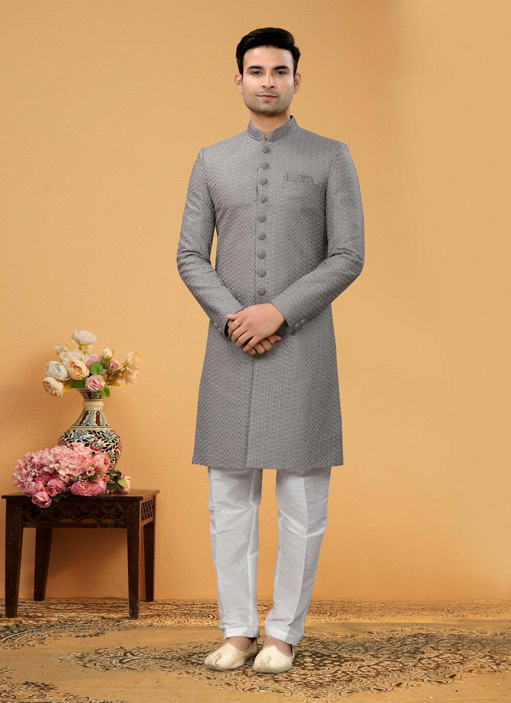 Hand Embroidery Fancy Fabric Grey Indo Western Sherwani - M5105