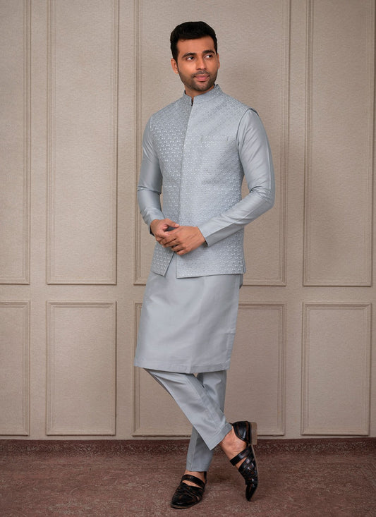 Embroidered Silk Grey Kurta Payjama With Jacket - M8357