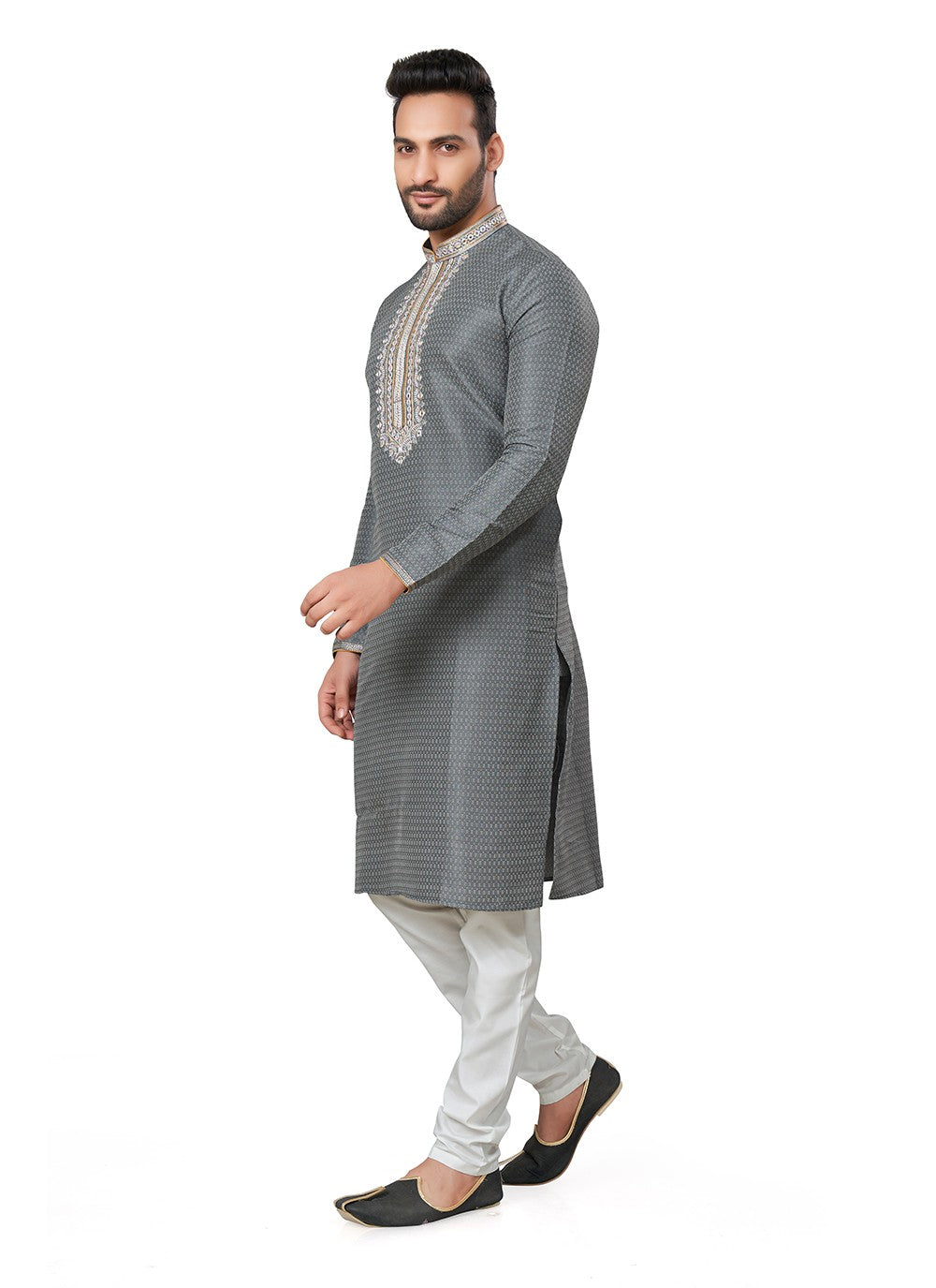 Embroidered Silk Grey Kurta Pyjama - M6397