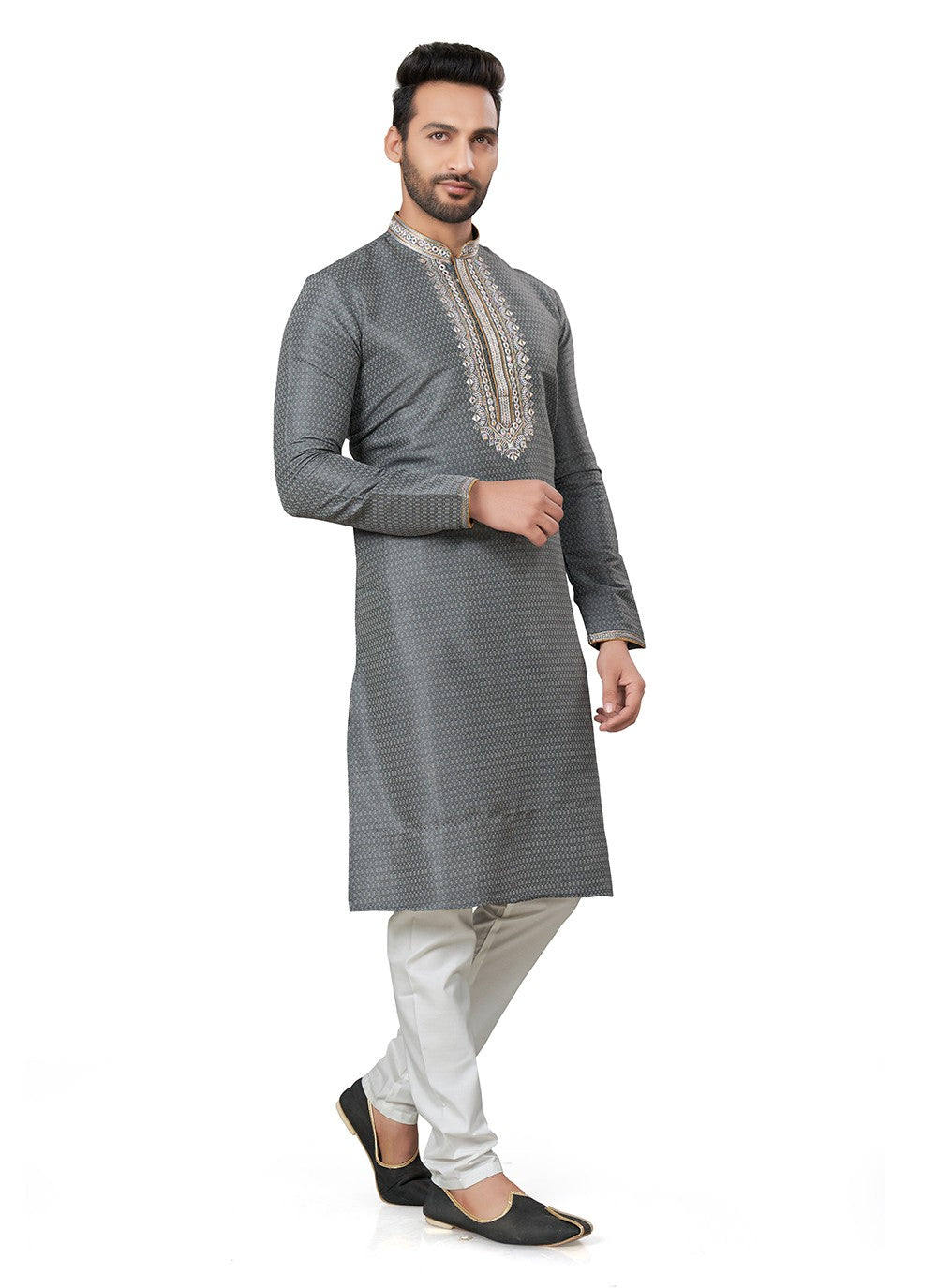 Embroidered Silk Grey Kurta Pyjama - M6397