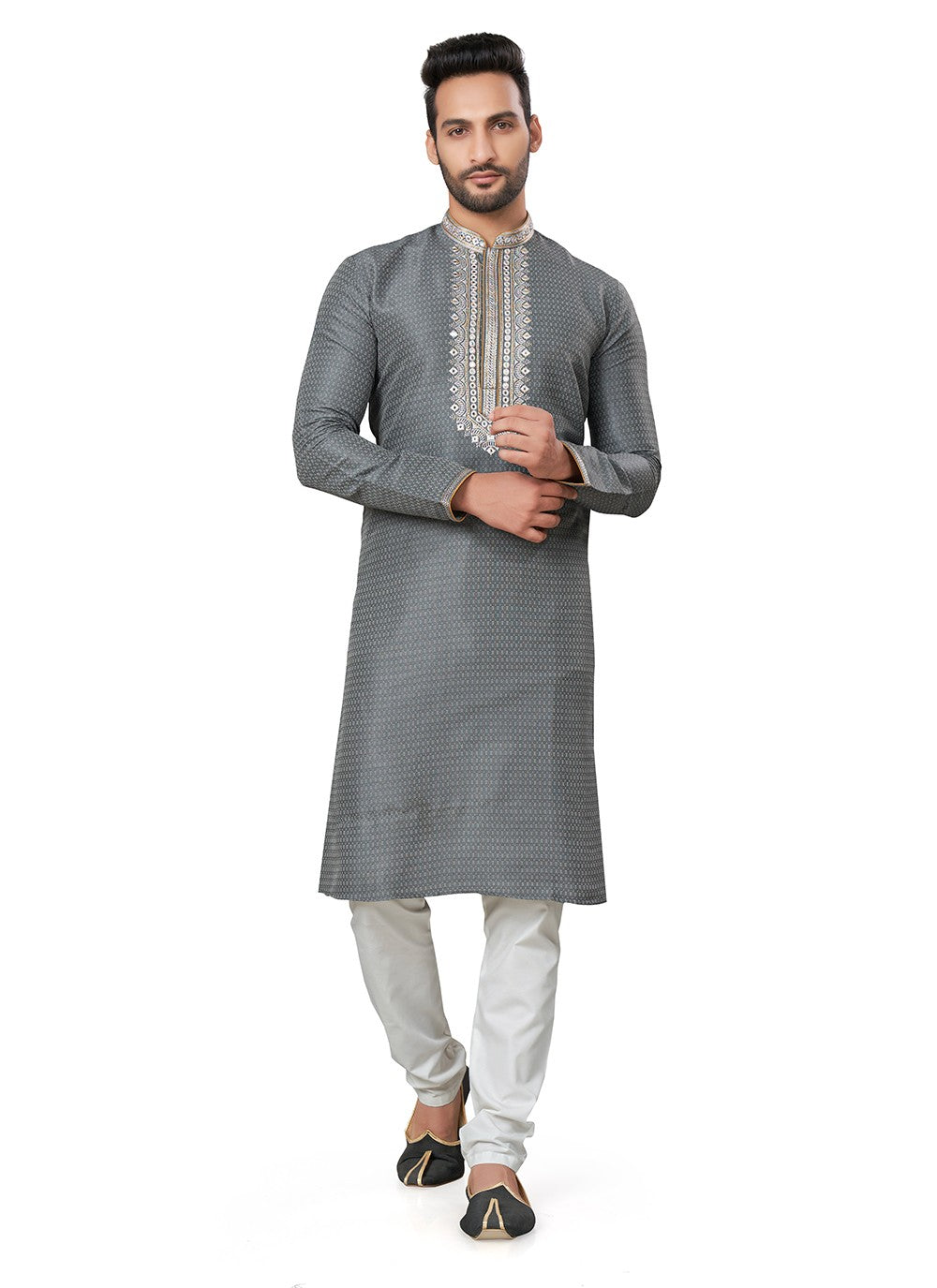 Embroidered Silk Grey Kurta Pyjama - M6397