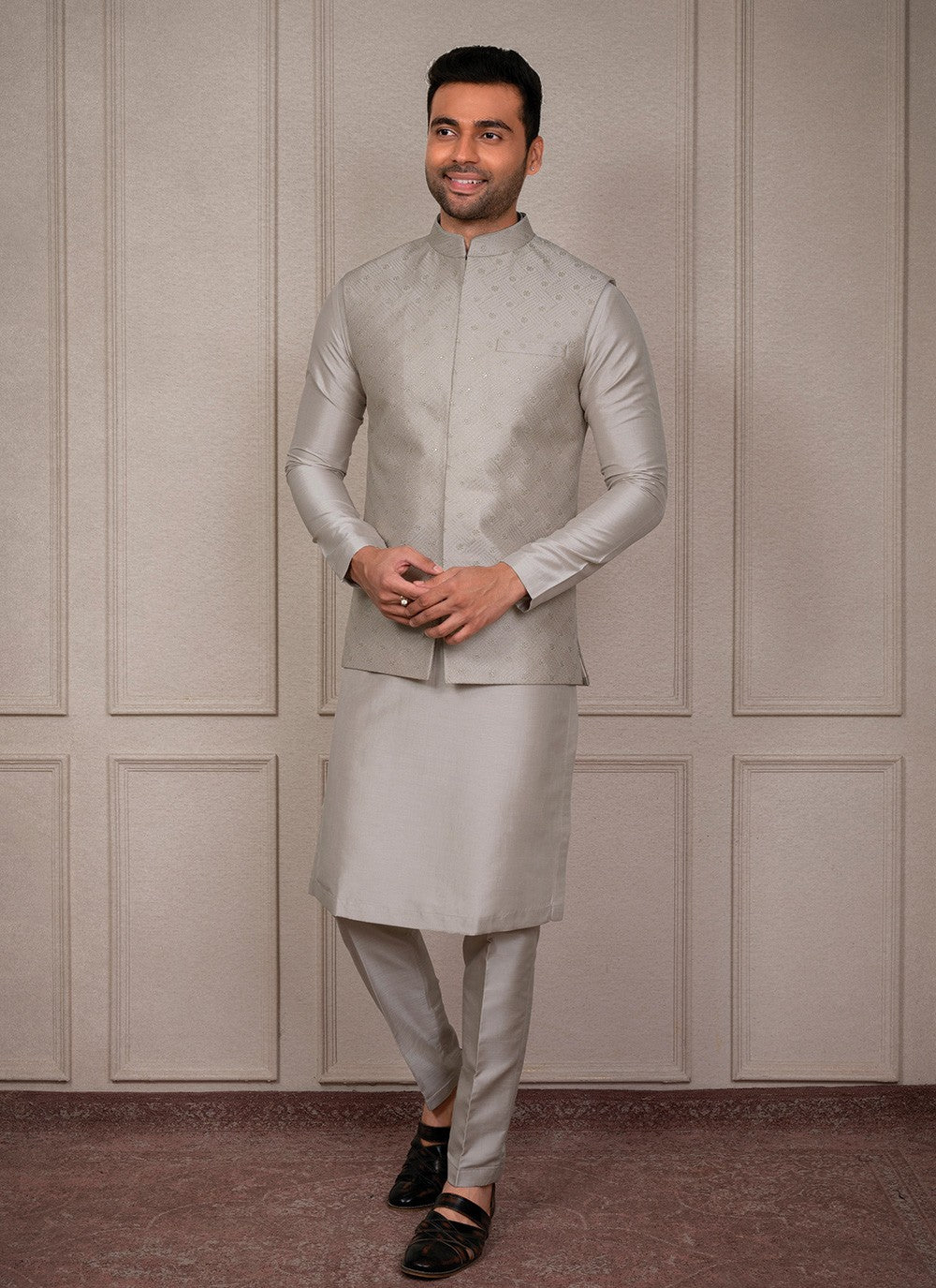 Embroidered Silk Grey Kurta Payjama With Jacket - M8355