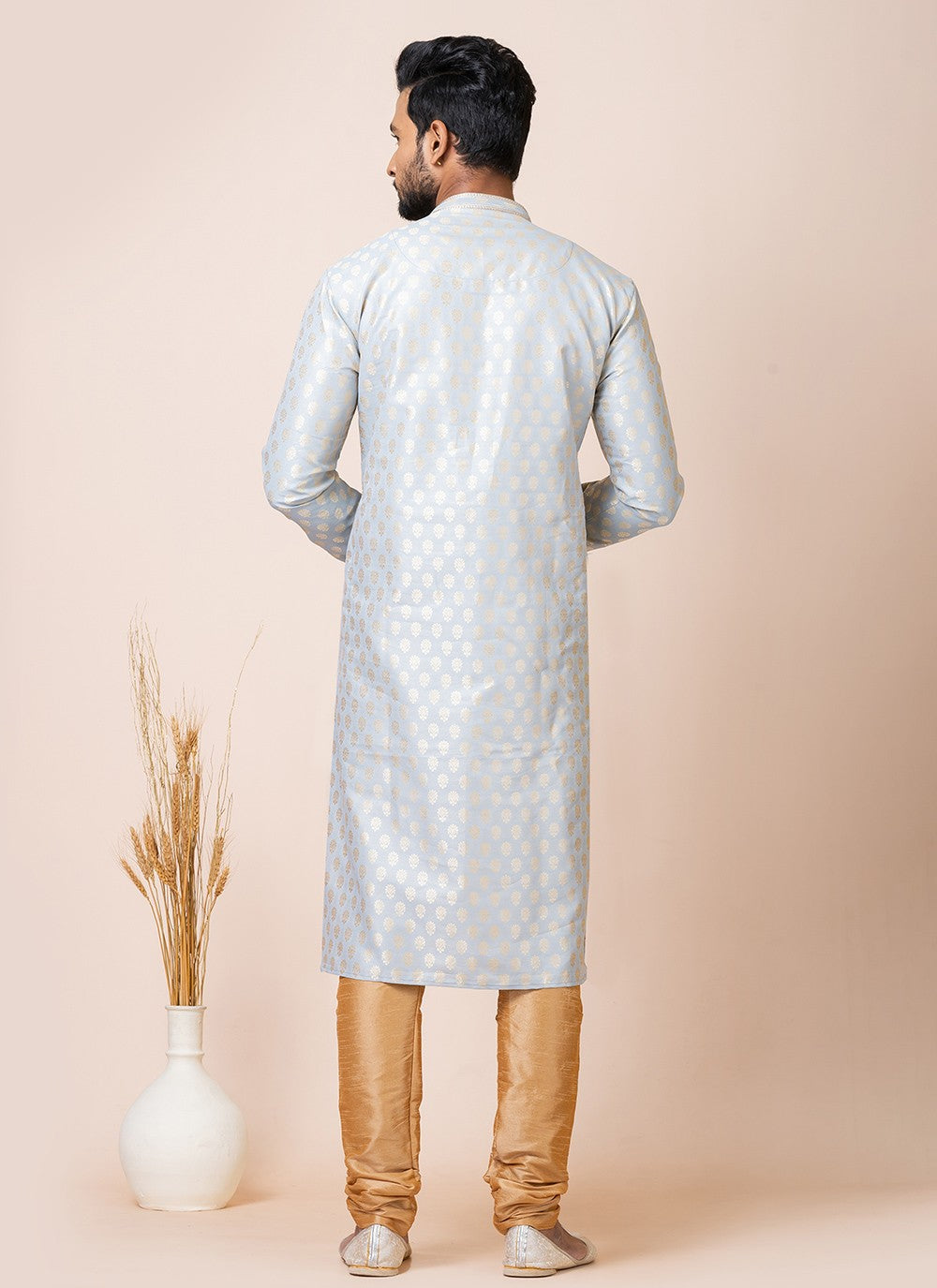 Jacquard Work Silk Grey Kurta Pyjama - M7522