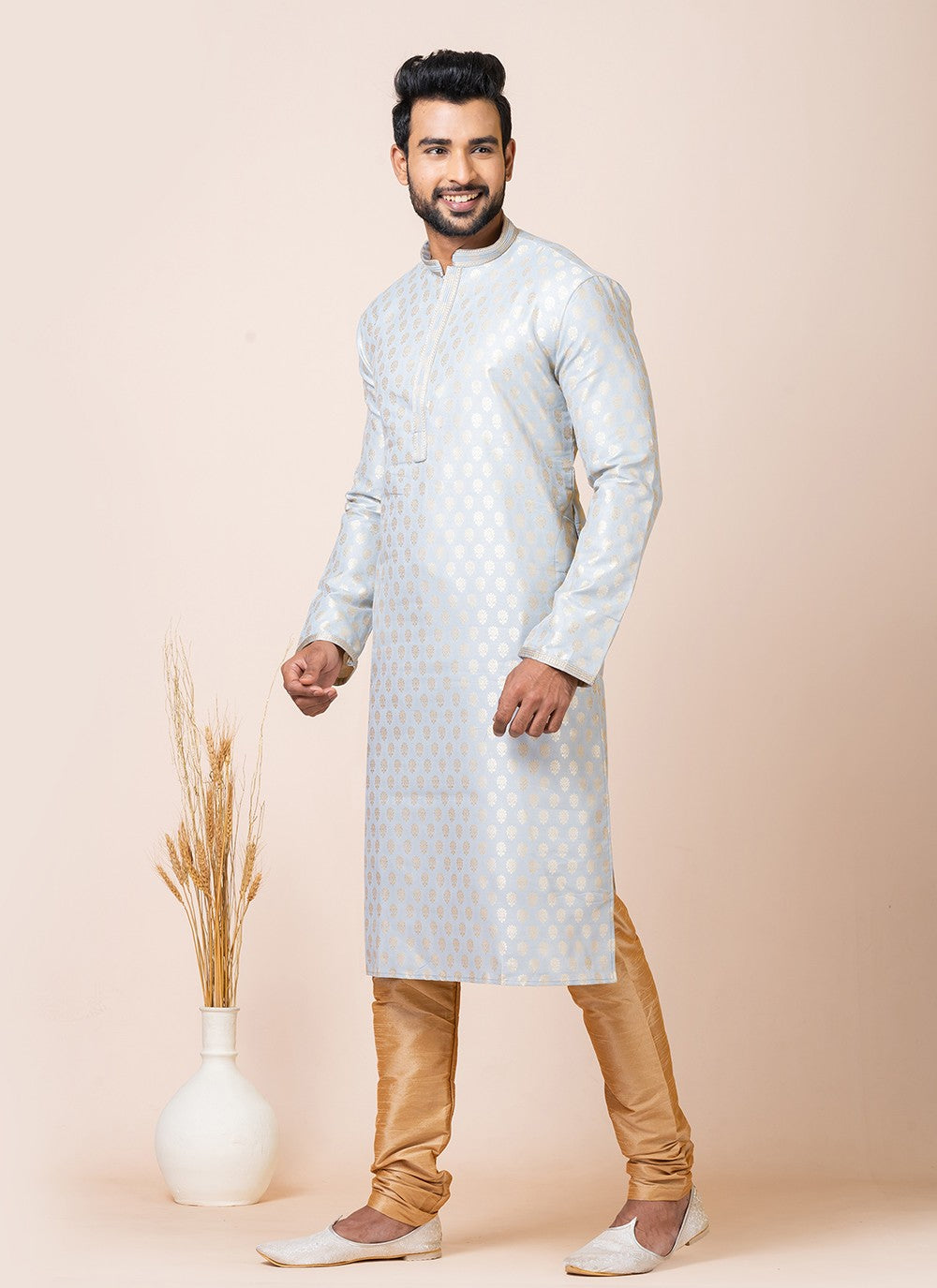 Jacquard Work Silk Grey Kurta Pyjama - M7522