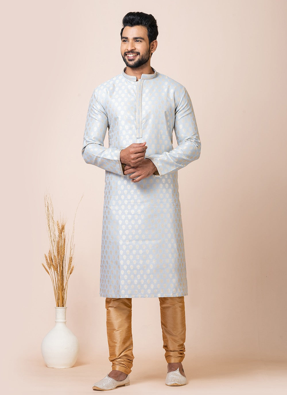 Jacquard Work Silk Grey Kurta Pyjama - M7522