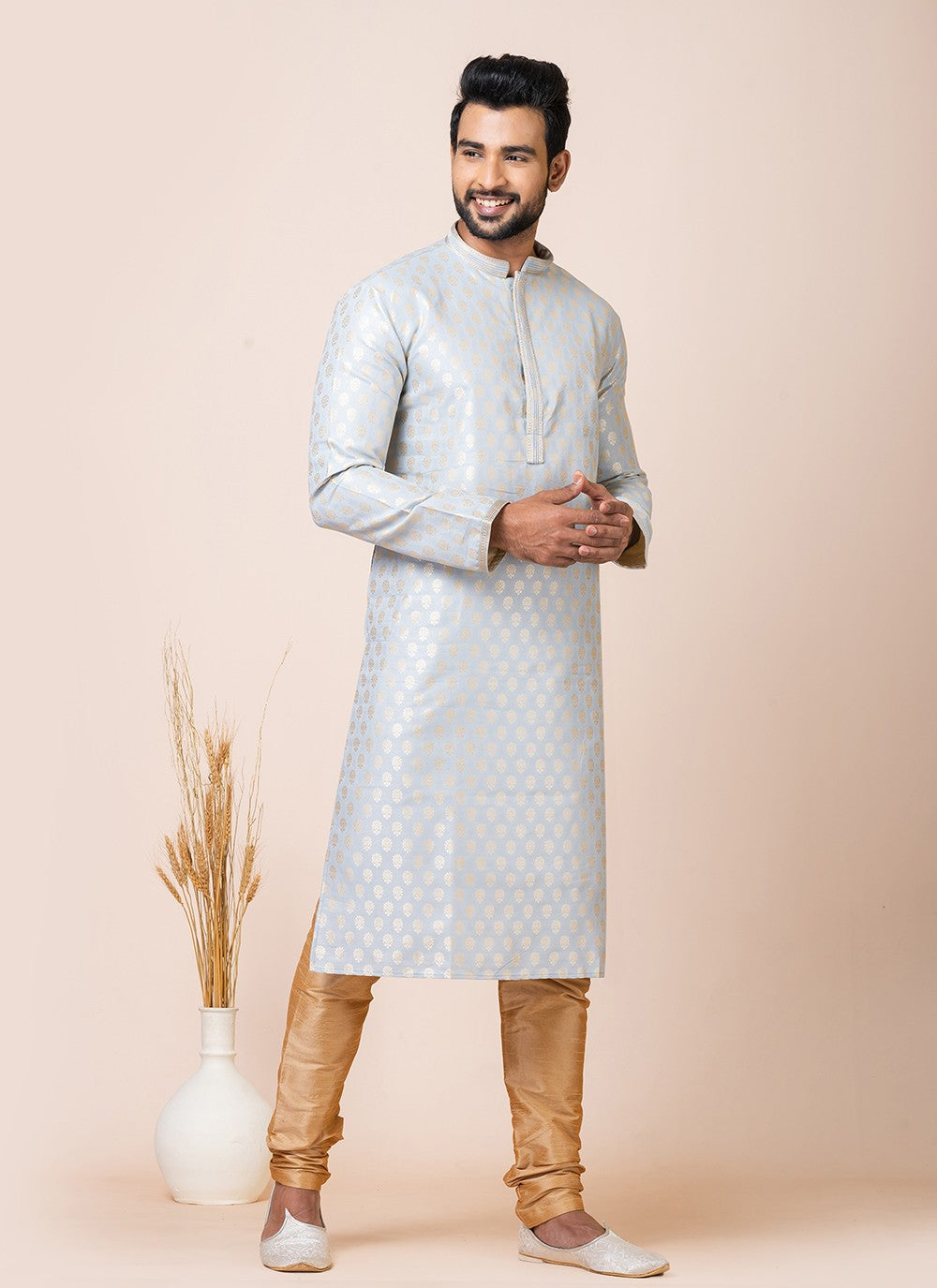 Jacquard Work Silk Grey Kurta Pyjama - M7522