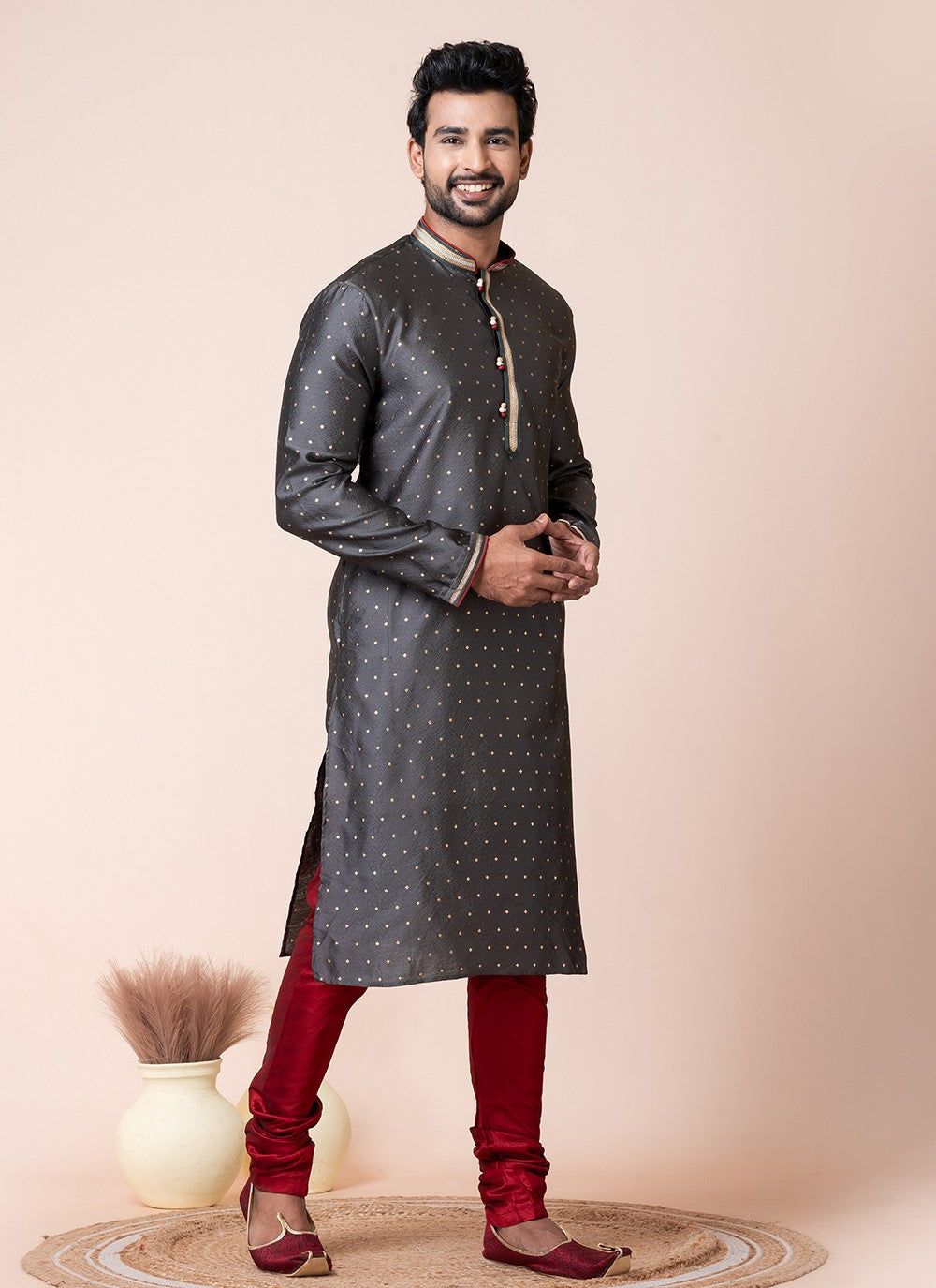 Printed Silk Grey Kurta Pyjama - M8584