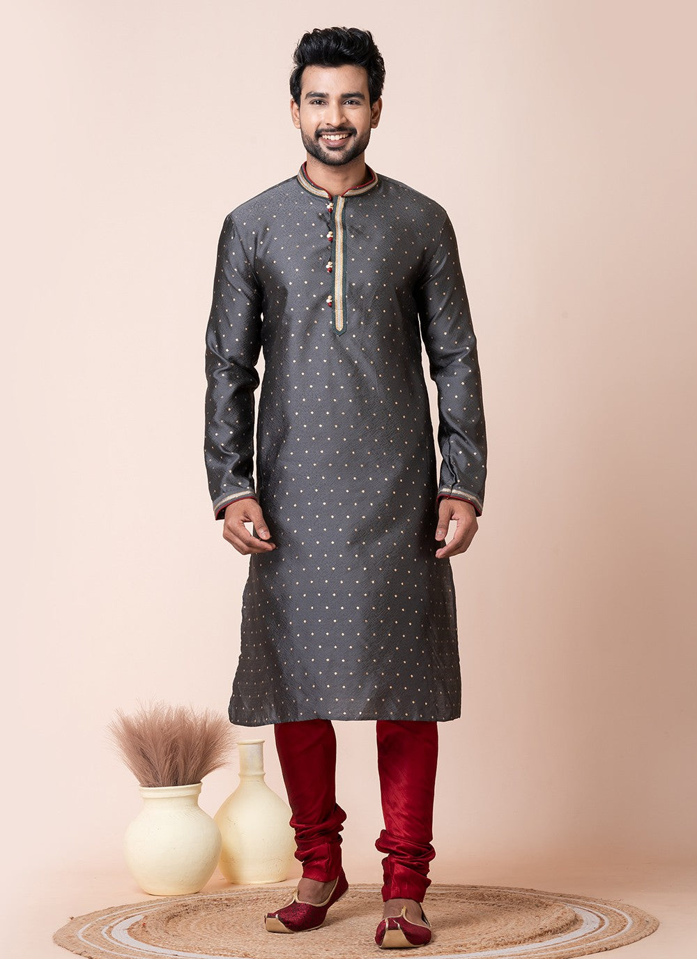 Printed Silk Grey Kurta Pyjama - M8584