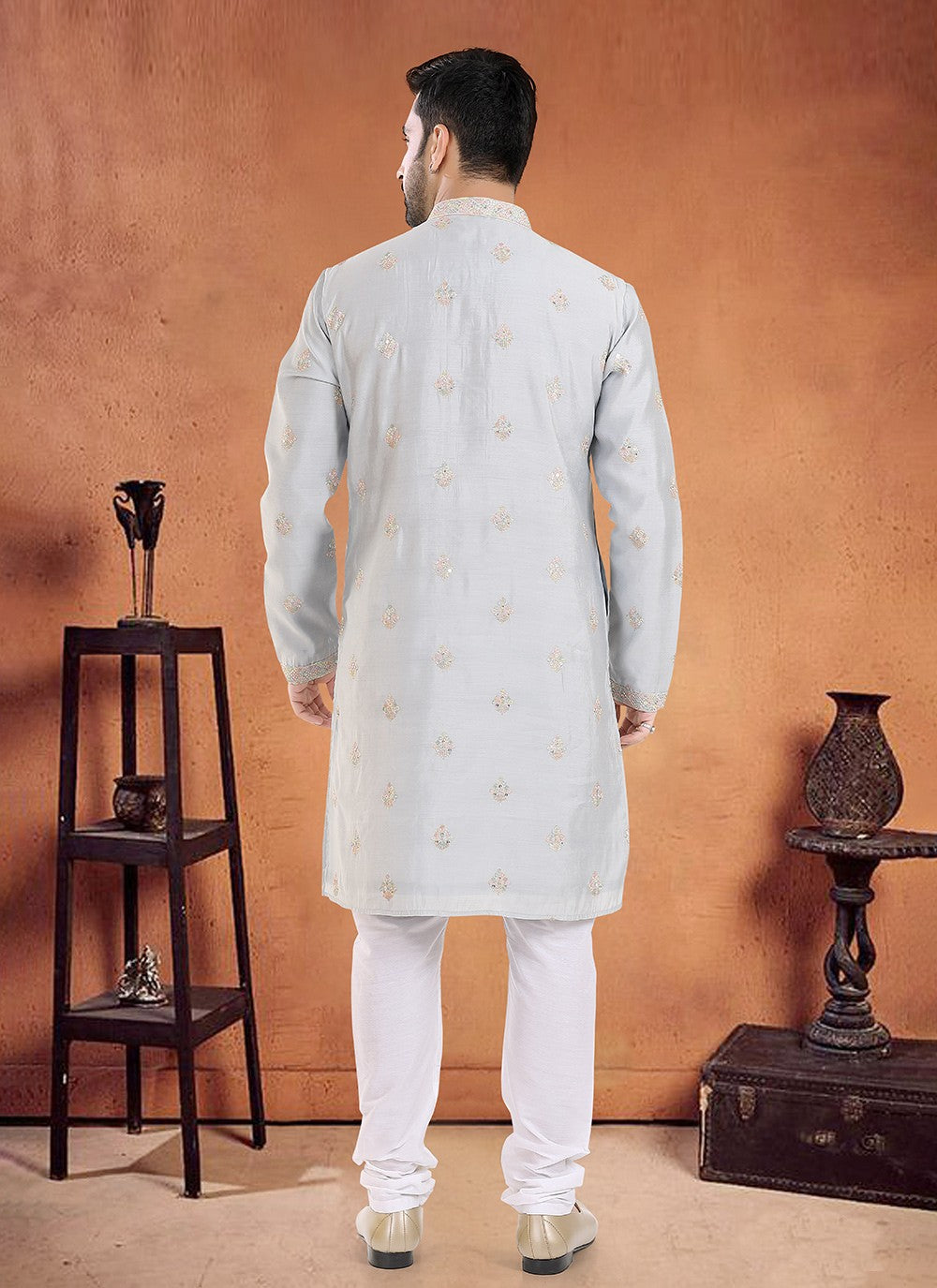 Embroidered Silk Grey Kurta Pyjama - M8096