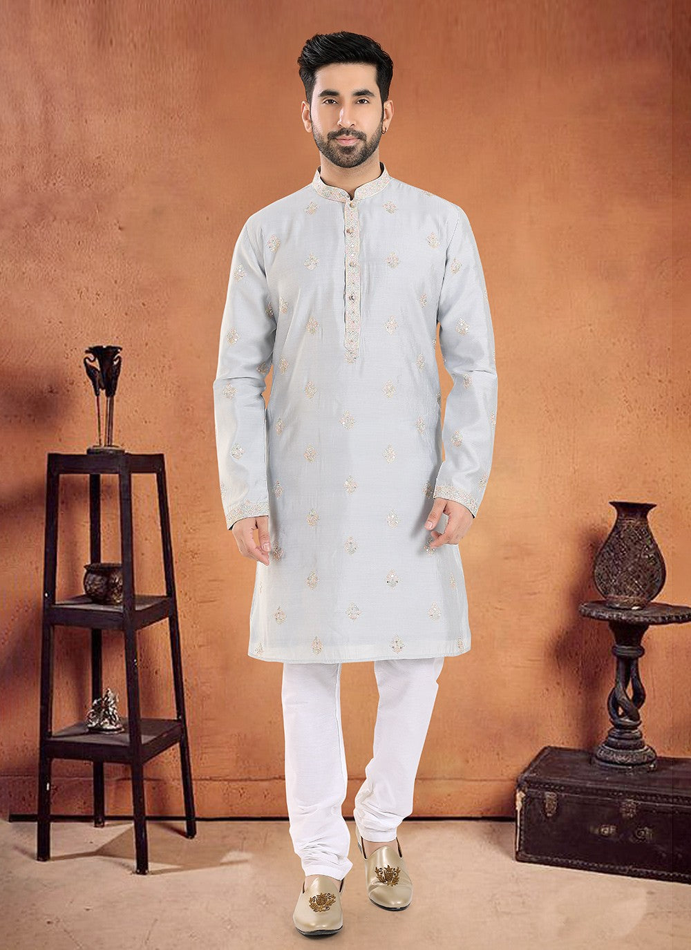 Embroidered Silk Grey Kurta Pyjama - M8096