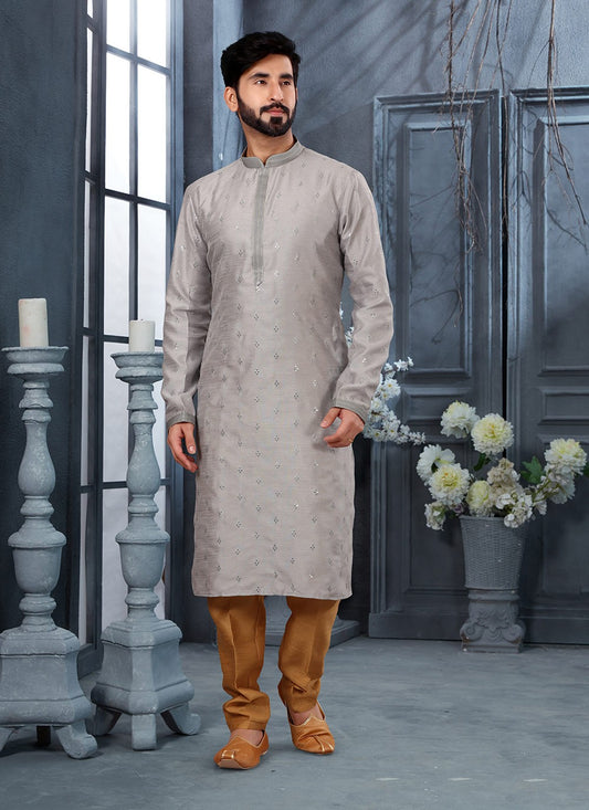 Stones Silk Grey Kurta Pyjama - M3027