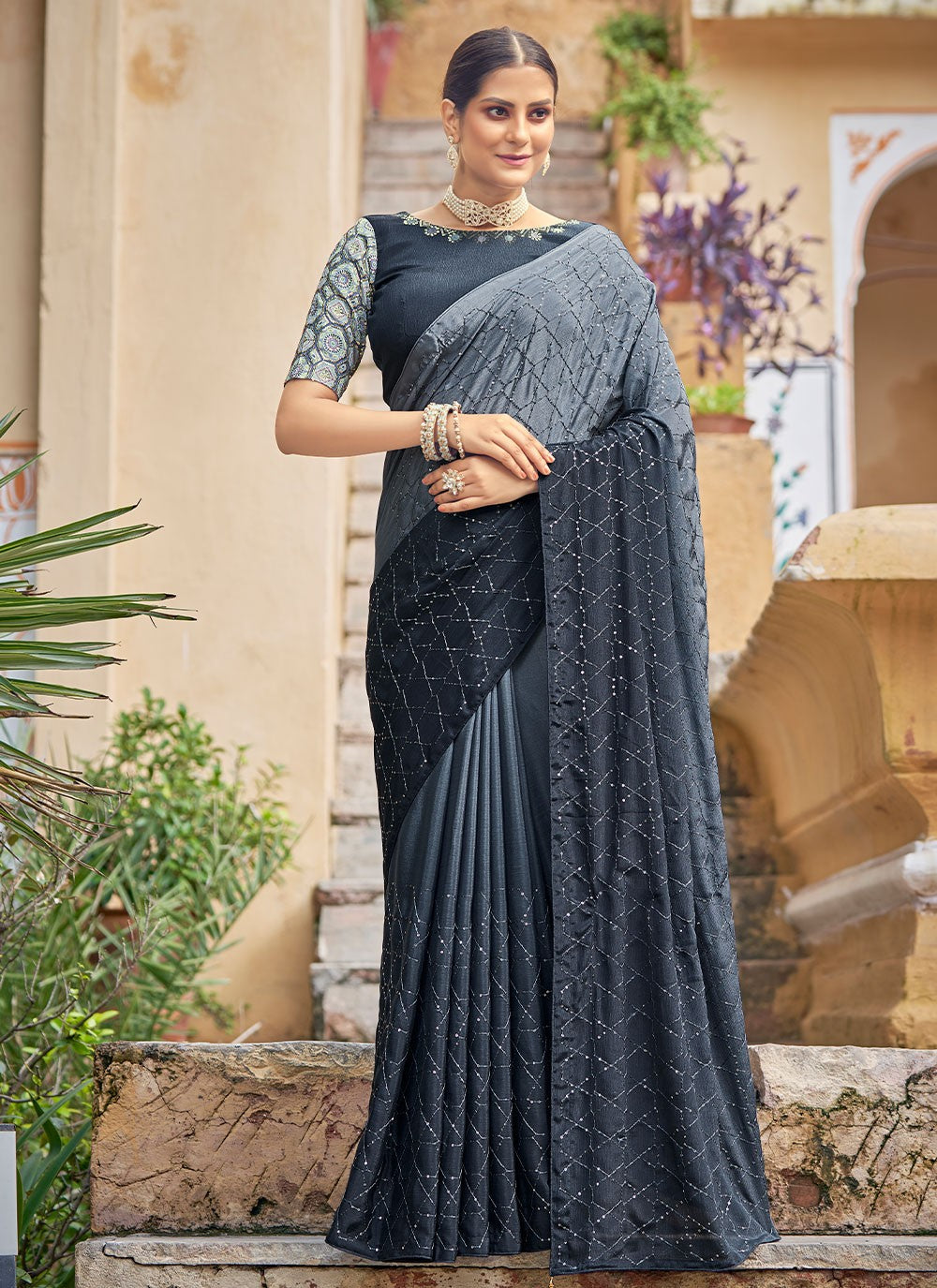 Classic Sequins Chinon Saree - S1796