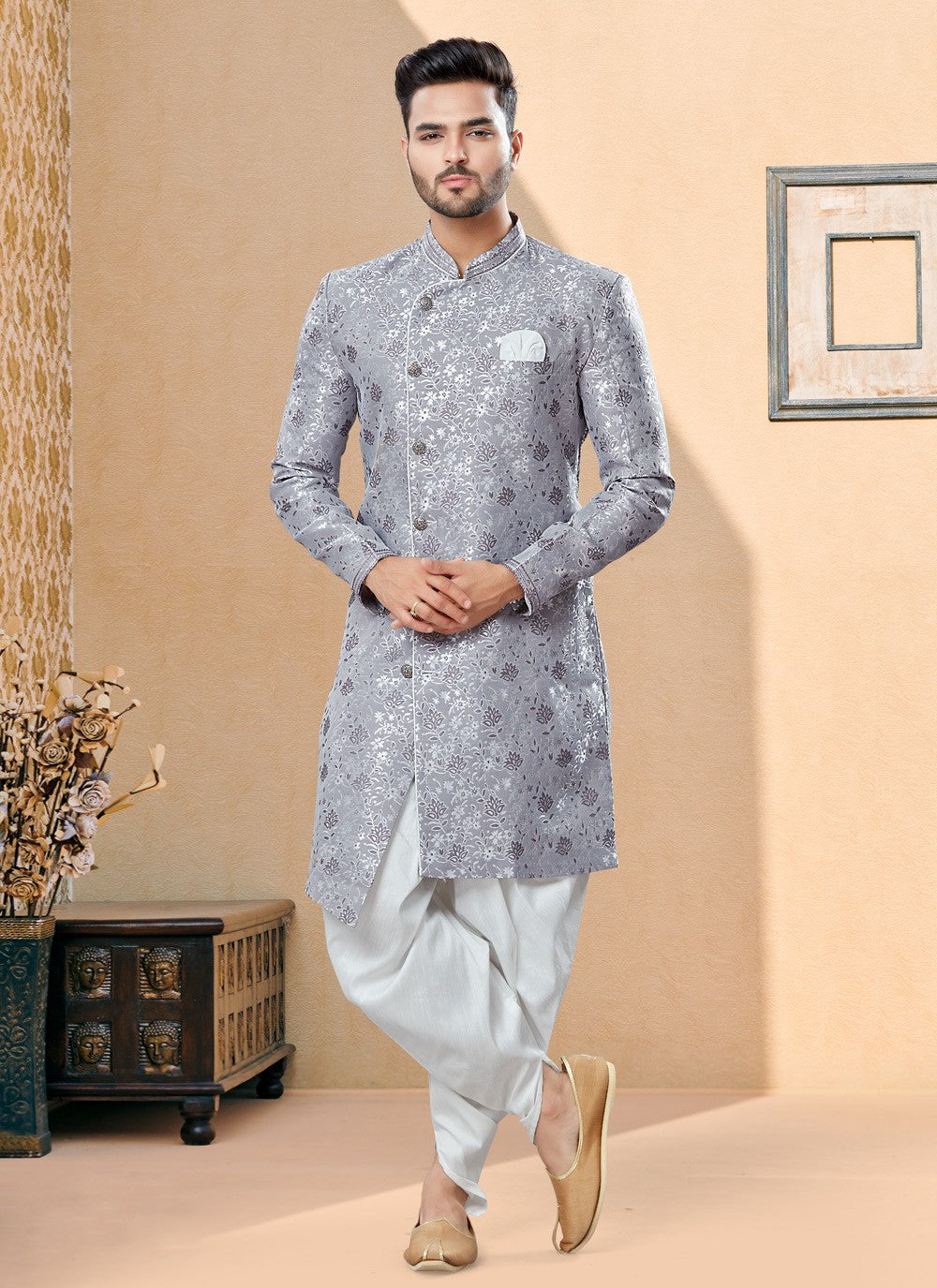 Thread Banarasi Jacquard Grey Indo Western Sherwani - M3876