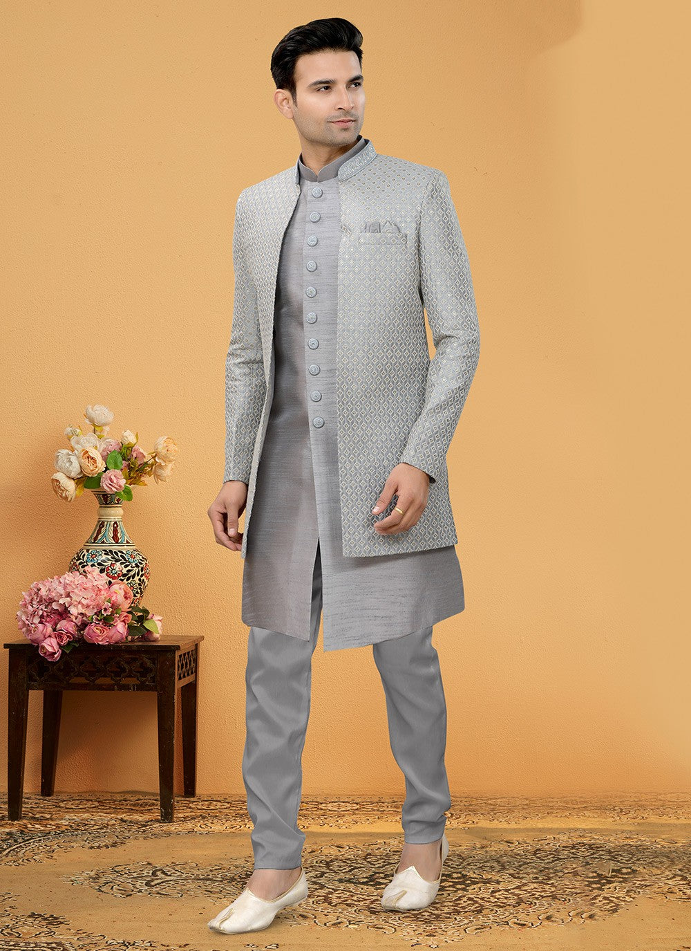 Hand Embroidery Art Silk Grey Indo Western Sherwani - M5153