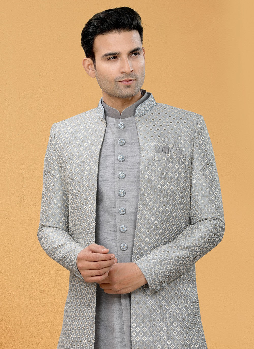 Hand Embroidery Art Silk Grey Indo Western Sherwani - M5153