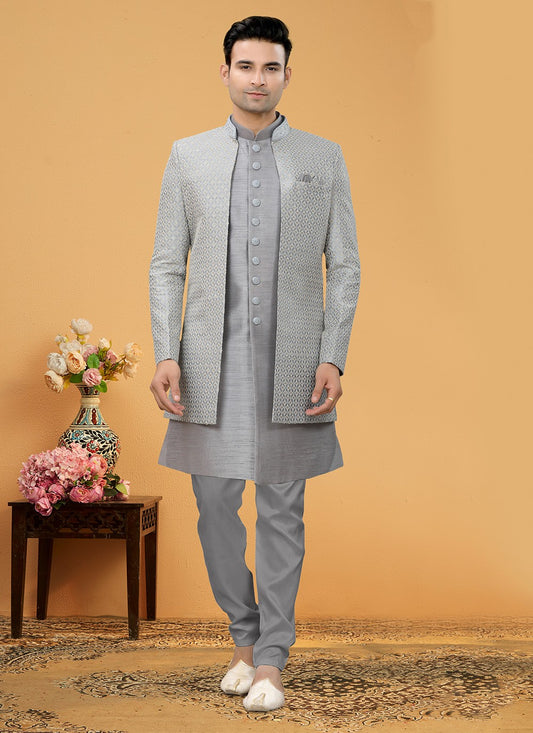 Hand Embroidery Art Silk Grey Indo Western Sherwani - M5153