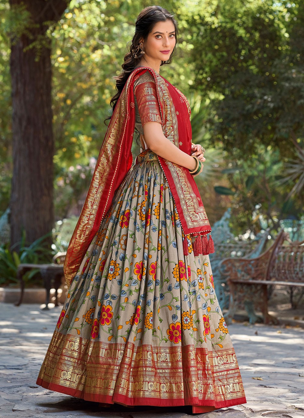 Foliage Prints Tussar Silk A - Line Lehenga - L1666