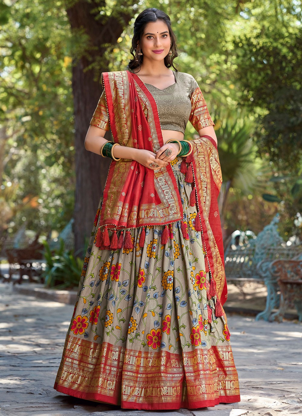 Foliage Prints Tussar Silk A - Line Lehenga - L1666