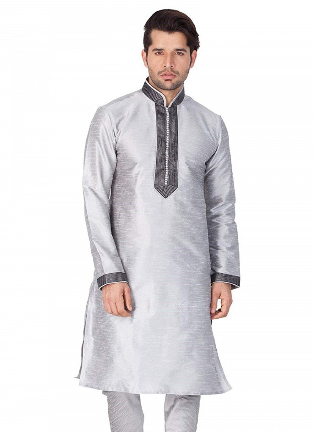 Embroidered Art Dupion Silk Grey Kurta - M1258